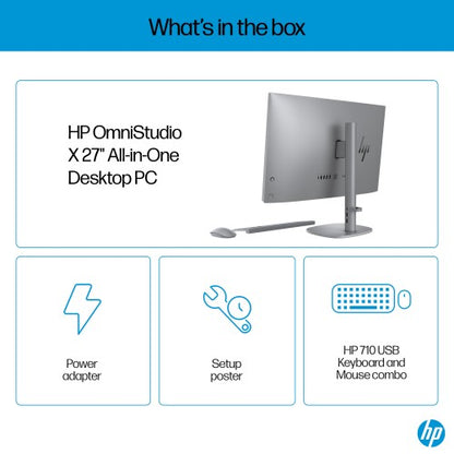 HP OmniStudio X 27-cs0000na Intel Core Ultra 7 155H 68.6 cm (27") 3840 x 2160 pixels All-in-One PC 32 GB DDR5-SDRAM 2 TB SSD Windows 11 Home Wi-Fi 7 (802.11be) AI PC Silver