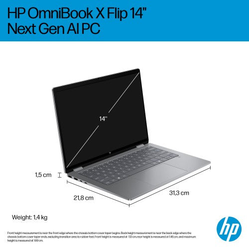 HP OmniBook X Flip Next Gen AI 14-fm0011na Copilot+ PC Intel Core Ultra 7 256V Hybrid (2-in-1) 35.6 cm (14") Touchscreen 2K 16 GB LPDDR5x-SDRAM 1 TB SSD Wi-Fi 6E (802.11ax) Windows 11 Home Silver