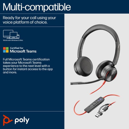 HP Poly Blackwire 8225 Stereo Microsoft Teams Certified USB-C Headset +USB-C/A Adapter