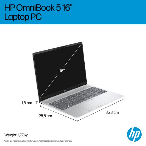 HP OmniBook 5 16-ba1004na Intel® Core™ i5 i5-1334U Laptop 40.6 cm (16") 2K 16 GB LPDDR5x-SDRAM 512 GB SSD Wi-Fi 6 (802.11ax) Windows 11 Home Silver