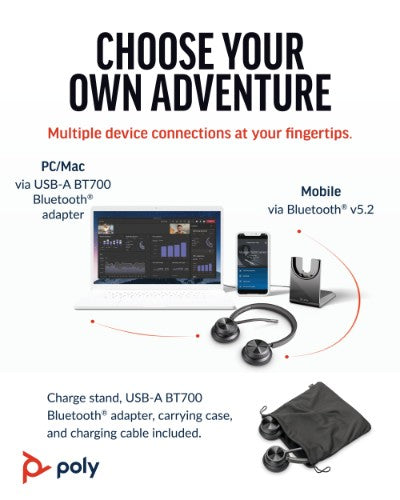 HP Poly Voyager 4320 UC Stereo USB-A Headset +BT700 USB-A Adapter +Charging Stand