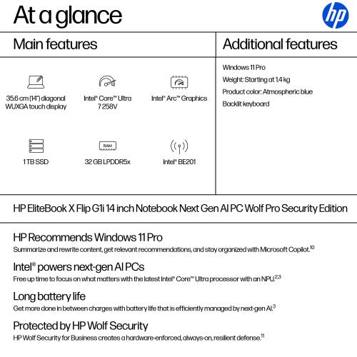 HP EliteBook X Flip G1i Next Gen AI PC Wolf Pro Security Edition Copilot+ PC Intel Core Ultra 7 258V Hybrid (2-in-1) 35.6 cm (14") Touchscreen WUXGA 32 GB LPDDR5x-SDRAM 1 TB SSD Wi-Fi 7 (802.11be) Windows 11 Pro Blue