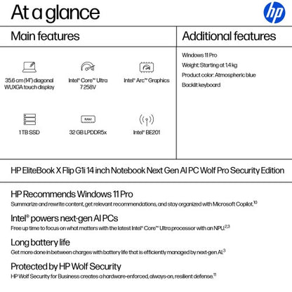 HP EliteBook X Flip G1i Next Gen AI PC Wolf Pro Security Edition Copilot+ PC Intel Core Ultra 7 258V Hybrid (2-in-1) 35.6 cm (14") Touchscreen WUXGA 32 GB LPDDR5x-SDRAM 1 TB SSD Wi-Fi 7 (802.11be) Windows 11 Pro Blue