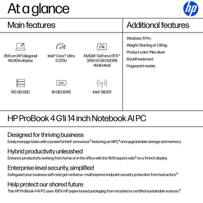 HP ProBook 4 G1i AI PC Intel Core Ultra 5 225U Laptop 35.6 cm (14") WUXGA 16 GB DDR5-SDRAM 512 GB SSD Wi-Fi 7 (802.11be) Windows 11 Pro Silver