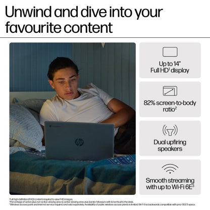 HP Chromebook 14a-nf0000na Intel® Core™ i3 i3-N305 35.6 cm (14") Full HD 8 GB LPDDR5-SDRAM 256 GB eUFS Wi-Fi 6E (802.11ax) ChromeOS Silver