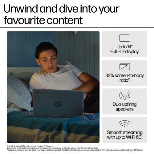 HP Chromebook 14a-nf0002na Intel® N N100 35.6 cm (14") HD 4 GB LPDDR5-SDRAM 128 GB eUFS Wi-Fi 6E (802.11ax) ChromeOS Silver
