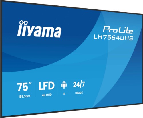 iiyama LH7564UHS-B1AG Signage Display Digital signage flat panel 190.5 cm (75") Wi-Fi 500 cd/m² 4K Ultra HD Black Built-in processor Android 24/7