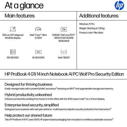 HP ProBook 4 G1i AI Wolf Pro Security Edition Intel Core Ultra 5 225H Laptop 35.6 cm (14") WUXGA 16 GB DDR5-SDRAM 512 GB SSD Wi-Fi 7 (802.11be) Windows 11 Pro AI PC Silver