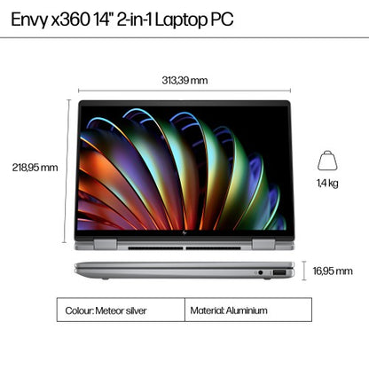 HP Elite x360 Envy x360 14-fa0004na AMD Ryzen™ 5 8640HS Hybrid (2-in-1) 35.6 cm (14") Touchscreen 2K 16 GB LPDDR5-SDRAM 512 GB SSD Wi-Fi 6E (802.11ax) Windows 11 Home AI PC Silver