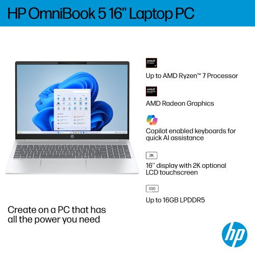 HP OmniBook 5 16-bc1002na AMD Ryzen™ 5 8540U Laptop 40.6 cm (16") Touchscreen 2K 8 GB LPDDR5-SDRAM 512 GB SSD Wi-Fi 6 (802.11ax) Windows 11 Home Silver
