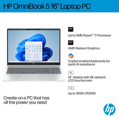 HP OmniBook 5 16-bc1002na AMD Ryzen™ 5 8540U Laptop 40.6 cm (16") Touchscreen 2K 8 GB LPDDR5-SDRAM 512 GB SSD Wi-Fi 6 (802.11ax) Windows 11 Home Silver