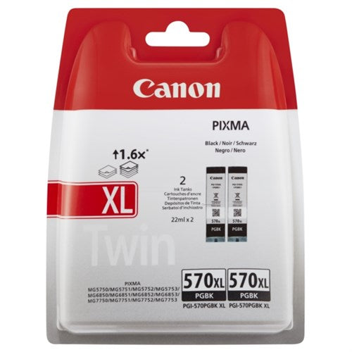 Canon 0318C010/PGI-570PGBKXL Ink cartridge black high-capacity pigmented twin pack Blister with security, 2x1K pages ISO/IEC 24711 22ml Pack=2 for Canon Pixma MG 5750/7750
