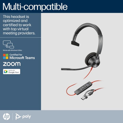 HP Poly Blackwire 3310 Monaural Microsoft Teams Certified USB-C Headset +USB-C/A Adapter
