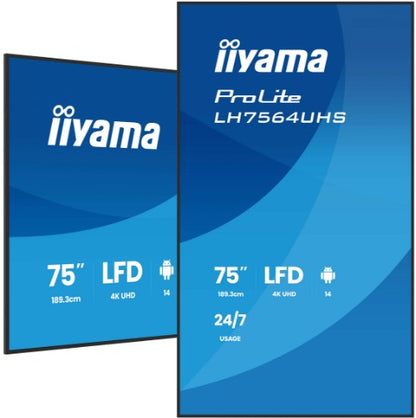 iiyama LH7564UHS-B1AG Signage Display Digital signage flat panel 190.5 cm (75") Wi-Fi 500 cd/m² 4K Ultra HD Black Built-in processor Android 24/7