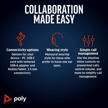 HP Poly Blackwire 5210 Monaural USB-C Headset +3.5mm Plug +USB-C/A Adapter (Bulk)