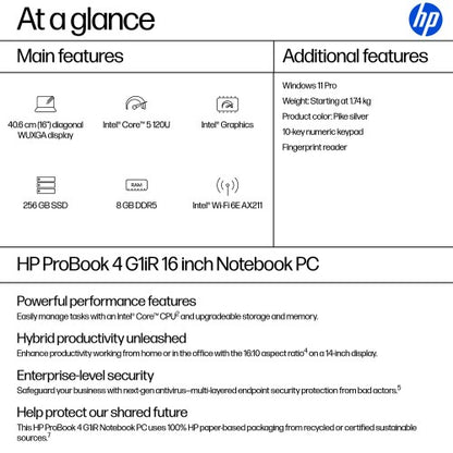 HP ProBook 4 G1iR Intel Core 5 120U Laptop 40.6 cm (16") WUXGA 8 GB DDR5-SDRAM 256 GB SSD Wi-Fi 6E (802.11ax) Windows 11 Pro Silver