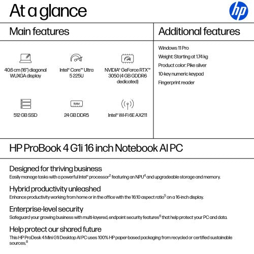 HP ProBook 4 G1i AI Intel Core Ultra 5 225U Laptop 40.6 cm (16") WUXGA 24 GB DDR5-SDRAM 512 GB SSD Wi-Fi 6E (802.11ax) Windows 11 Pro AI PC Silver