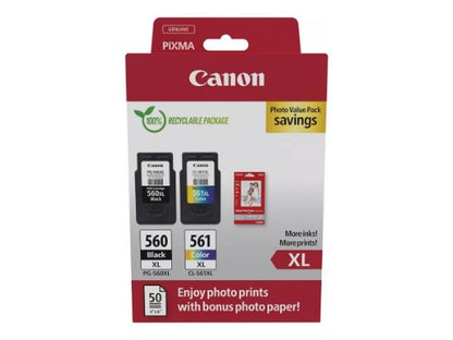 Canon 3712C008/PG-560XL+CL-561XL Printhead cartridge multi pack black + color +50 sheet Photopaper 14,3ml + 12,2ml Pack=2 for Canon Pixma TS 5350
