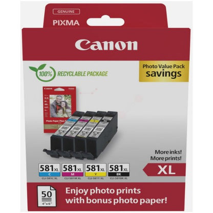 Canon 2052C006/CLI-581XL Ink cartridge multi pack Bk,C,M,Y high-capacity + Photopaper 50 sheet Pack=4 for Canon Pixma TS 6150/8150
