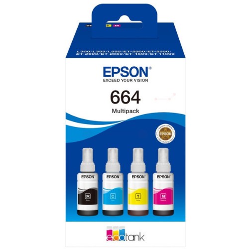 Epson C13T664640/664 Ink bottle multi pack Bk,C,M,Y 70ml 1x4500pg + 3x7500pg Pack=4 for Epson L 300/655