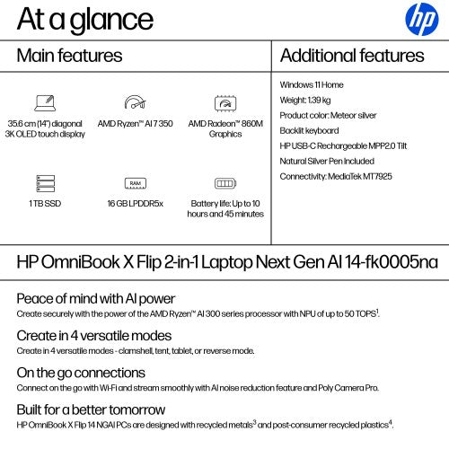 HP OmniBook X FlipNGAI 14-fk0005na Copilot+ PC AMD Ryzen AI 7 350 Hybrid (2-in-1) 35.6 cm (14") Touchscreen 3K 16 GB LPDDR5x-SDRAM 1 TB SSD Wi-Fi 7 (802.11be) Windows 11 Home Silver