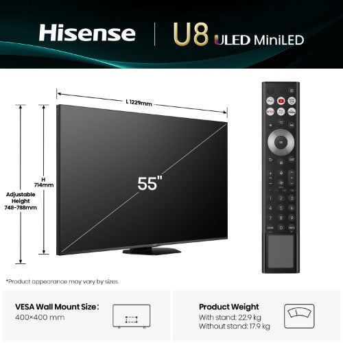 Hisense 55" U8QTUK MiniLED 165Hz Smart AI TV with Freely