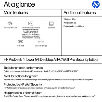 HP ProDesk 4 Tower G1i Wolf Pro Security Edition Intel Core Ultra 5 235 16 GB DDR5-SDRAM 512 GB SSD Windows 11 Pro PC AI PC Black