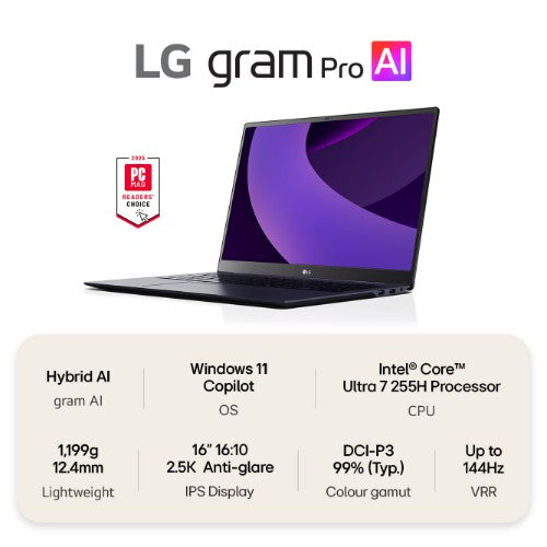 LG Gram Pro 16Z90TP-G 16" Hybrid AI Laptop - Intel® Core™ Ultra 7 255H, 1TB SSD, 16 GB RAM - Black - [2025]