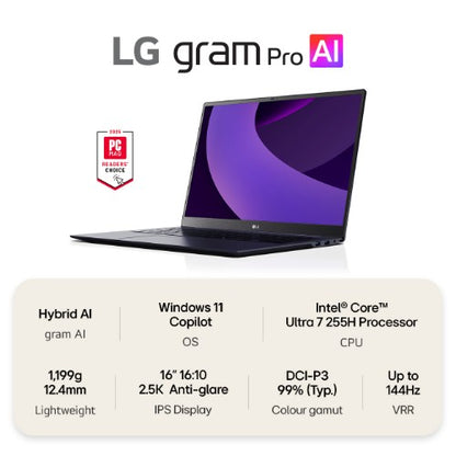 LG Gram Pro 16Z90TP-G 16" Hybrid AI Laptop - Intel® Core™ Ultra 7 255H, 1TB SSD, 16 GB RAM - Black - [2025]