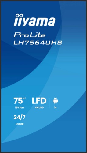 iiyama LH7564UHS-B1AG Signage Display Digital signage flat panel 190.5 cm (75") Wi-Fi 500 cd/m² 4K Ultra HD Black Built-in processor Android 24/7