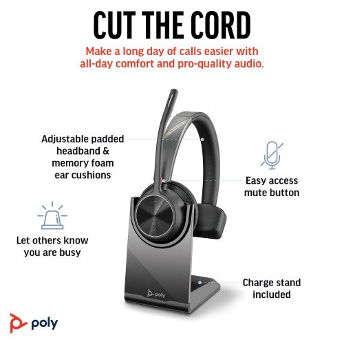 HP Poly Voyager 4310 UC Monaural Headset +BT700 USB-A Adapter +Charging Stand