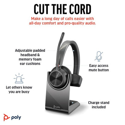 HP Poly Voyager 4310 UC Monaural Headset +BT700 USB-A Adapter +Charging Stand
