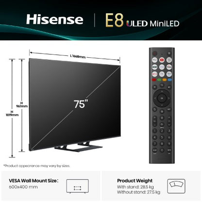 Hisense 75" E8QTUK MiniLED 144Hz Smart AI TV with Freely