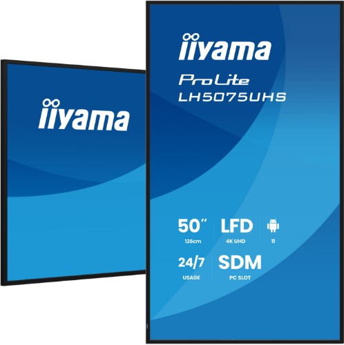 iiyama LH5075UHS-B2AG Signage Display Digital signage flat panel 125.7 cm (49.5") LCD Wi-Fi 500 cd/m² 4K Ultra HD Black Built-in processor Android 24/7