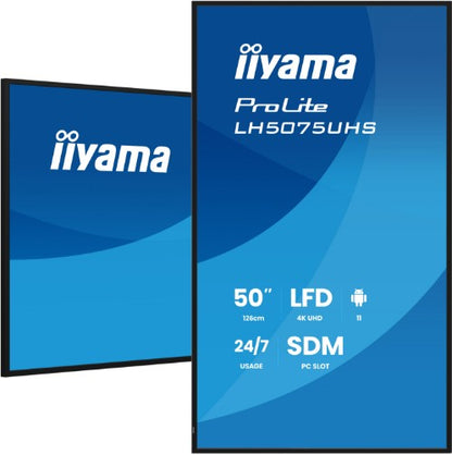 iiyama LH5075UHS-B2AG Signage Display Digital signage flat panel 125.7 cm (49.5") LCD Wi-Fi 500 cd/m² 4K Ultra HD Black Built-in processor Android 24/7
