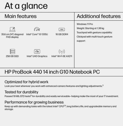 HP ProBook 440 G10 Intel® Core™ i5 i5-1335U Laptop 35.6 cm (14") Full HD 16 GB DDR4-SDRAM 256 GB SSD Wi-Fi 6E (802.11ax) Windows 11 Pro Silver