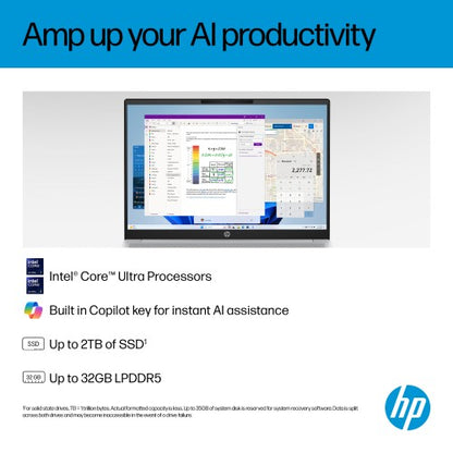 HP OmniBook 5 AI 16-af1000na Intel Core Ultra 7 255U Laptop 40.6 cm (16") 2K 16 GB LPDDR5x-SDRAM 1 TB SSD Wi-Fi 6 (802.11ax) Windows 11 Home AI PC Silver