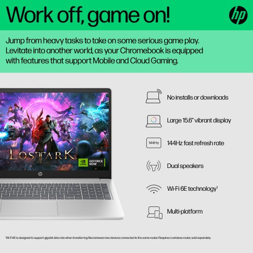 HP Chromebook 15a-nb0006na Intel® N N100 39.6 cm (15.6") HD 4 GB LPDDR5-SDRAM 128 GB UFS Wi-Fi 6 (802.11ax) ChromeOS Silver