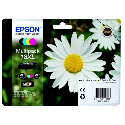 Epson C13T18164511/18XL Ink cartridge multi pack Bk,C,M,Y high-capacity for Easymail 470pg + 3x450pg, 1x 12ml + 3x 7ml Pack=4 for Epson XP 30