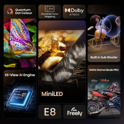Hisense 65" E8QTUK MiniLED 144Hz Smart AI TV with Freely
