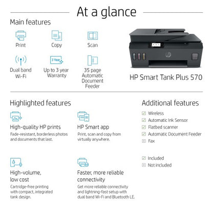 HP Smart Tank Plus 570 Wireless All-in-One Color Printer, Copier, Scanner