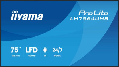iiyama LH7564UHS-B1AG Signage Display Digital signage flat panel 190.5 cm (75") Wi-Fi 500 cd/m² 4K Ultra HD Black Built-in processor Android 24/7