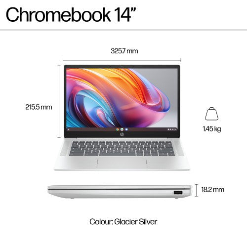 HP Chromebook 14a-nf0002na Intel® N N100 35.6 cm (14") HD 4 GB LPDDR5-SDRAM 128 GB eUFS Wi-Fi 6E (802.11ax) ChromeOS Silver