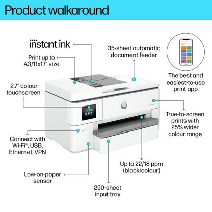 HP OfficeJet Pro 9720e Wireless All-in-One Color Printer, Two-sided printing; Copier, Scanner
