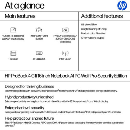 HP ProBook 4 G1i 16 inch Notebook AI PC Wolf Pro Security Edition Intel Core Ultra 5 225H 40.6 cm (16") Touchscreen WUXGA 16 GB DDR5-SDRAM 1 TB SSD Wi-Fi 7 (802.11be) Windows 11 Pro Silver