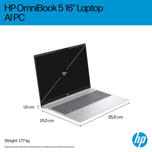 HP OmniBook 5 AI 16-af1000na Intel Core Ultra 7 255U Laptop 40.6 cm (16") 2K 16 GB LPDDR5x-SDRAM 1 TB SSD Wi-Fi 6 (802.11ax) Windows 11 Home AI PC Silver