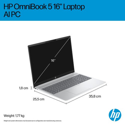 HP OmniBook 5 AI 16-af1000na Intel Core Ultra 7 255U Laptop 40.6 cm (16") 2K 16 GB LPDDR5x-SDRAM 1 TB SSD Wi-Fi 6 (802.11ax) Windows 11 Home AI PC Silver