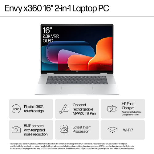 HP ENVY x360 16-ac0012na Intel Core Ultra 5 125U Hybrid (2-in-1) 40.6 cm (16") Touchscreen 2K 16 GB LPDDR5-SDRAM 1 TB SSD Wi-Fi 7 (802.11be) Windows 11 Home AI PC Silver