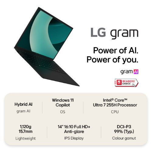 LG Gram 14Z90T-G 14" Hybrid AI Laptop - Intel® Core™ Ultra 7 255H, 512GB SSD, 16 GB RAM - Black - [2025]