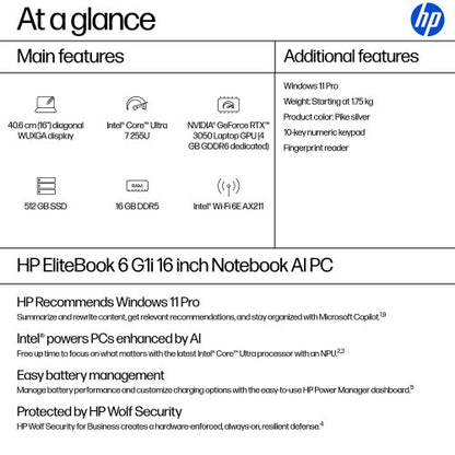 HP EliteBook 6 G1i AI Intel Core Ultra 7 255U Laptop 40.6 cm (16") WUXGA 16 GB DDR5-SDRAM 512 GB SSD Wi-Fi 6E (802.11ax) Windows 11 Pro AI PC Silver